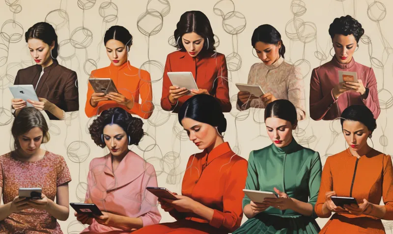 Women are sitting in iPads, collage